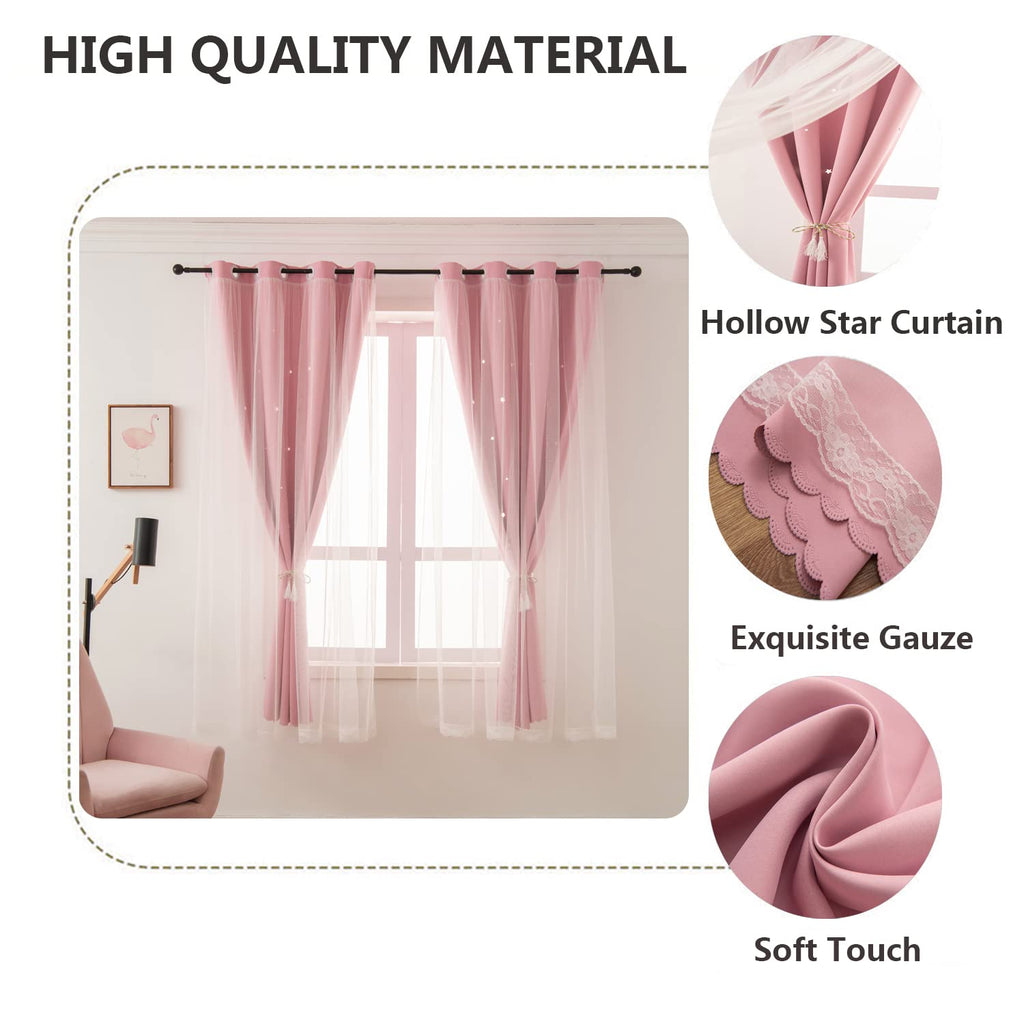 LUGOTAL Pink Curtains for Girls Bedroom Kids Baby Room Decor Cute Double Layer Star Cutout Curtains Room Darkening Window Curtain for Nursery (Pink, 42W x 84L,2 Panels)