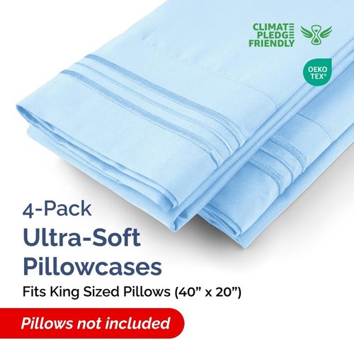 King Pillow Cases by [Brand Name] - Ultra Soft Hotel Quality Covers | Comfy, Wrinkle-Free & Fade Resistant - Light Blue, Set of 4