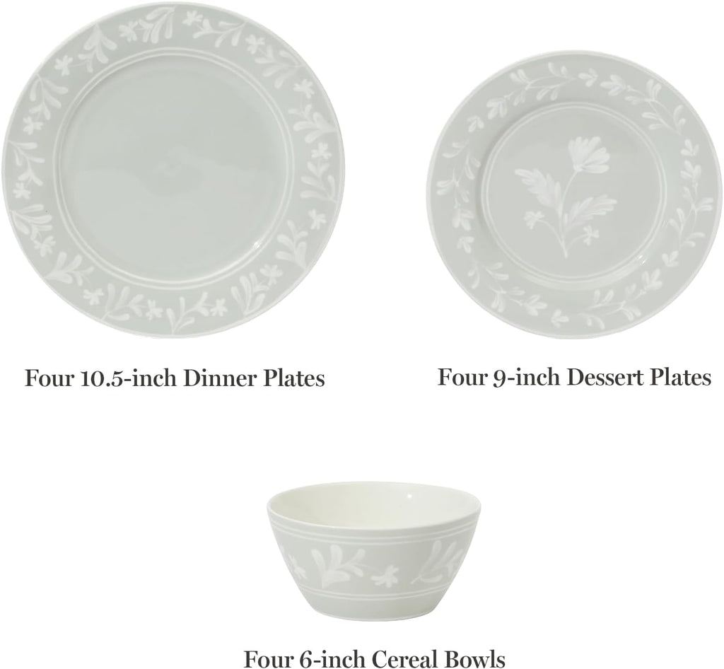 Martha Stewart Dinnerware Set - Maiden Crown 12-Piece Floral Dish Set, Sage Green | New Bone China, Service for 4, Microwave & Dishwasher Safe