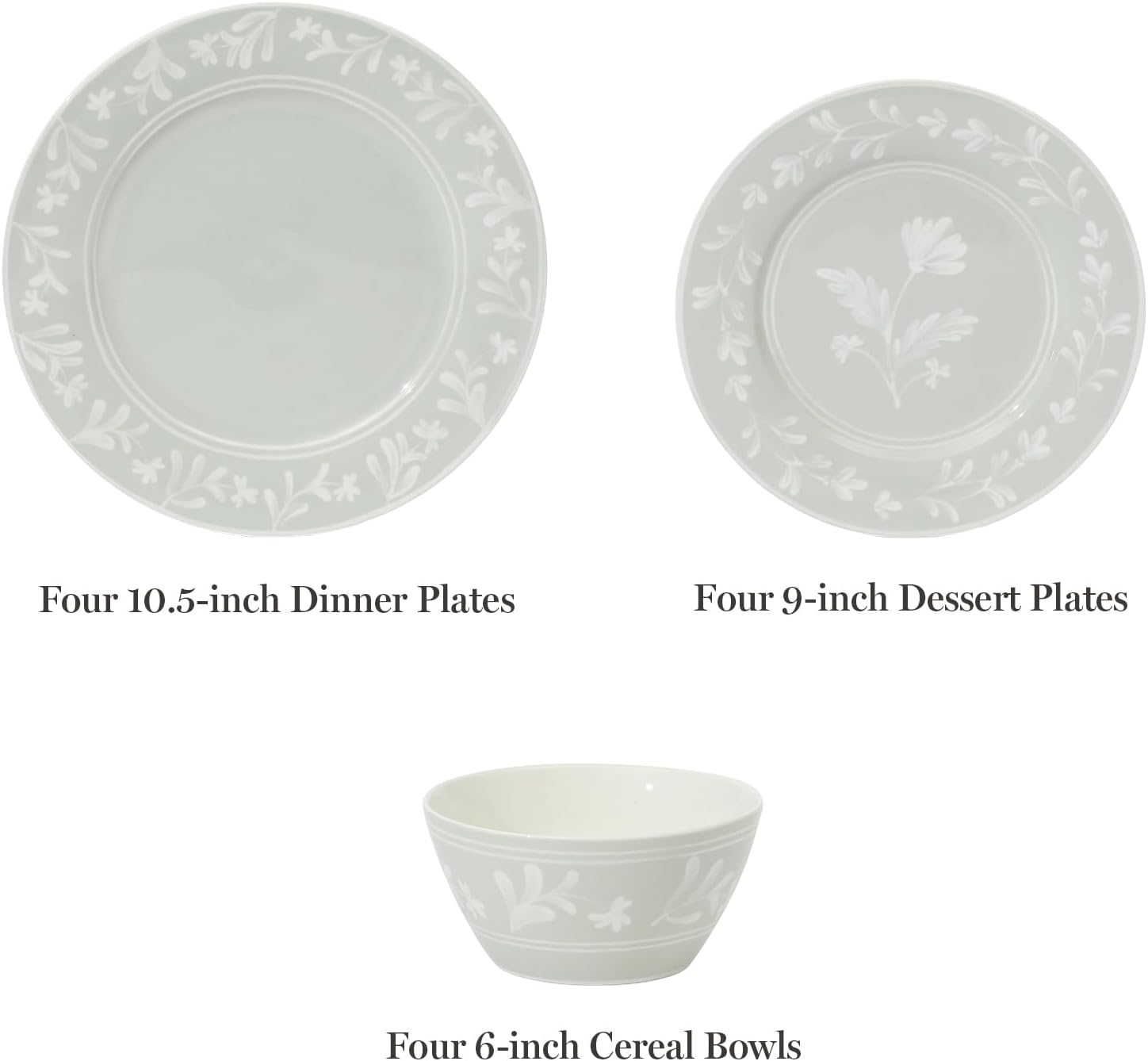 Martha Stewart Dinnerware Set - Maiden Crown 12-Piece Floral Dish Set, Sage Green | New Bone China, Service for 4, Microwave & Dishwasher Safe