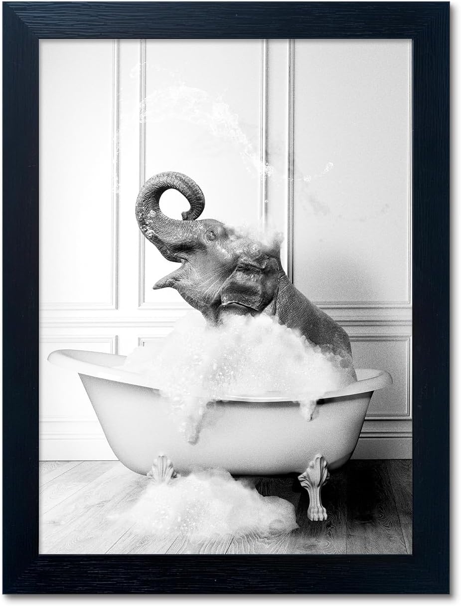 Regine Switzerland Elephant in Bathtub Canvas Print - Funny Black & White Bathroom Wall Art