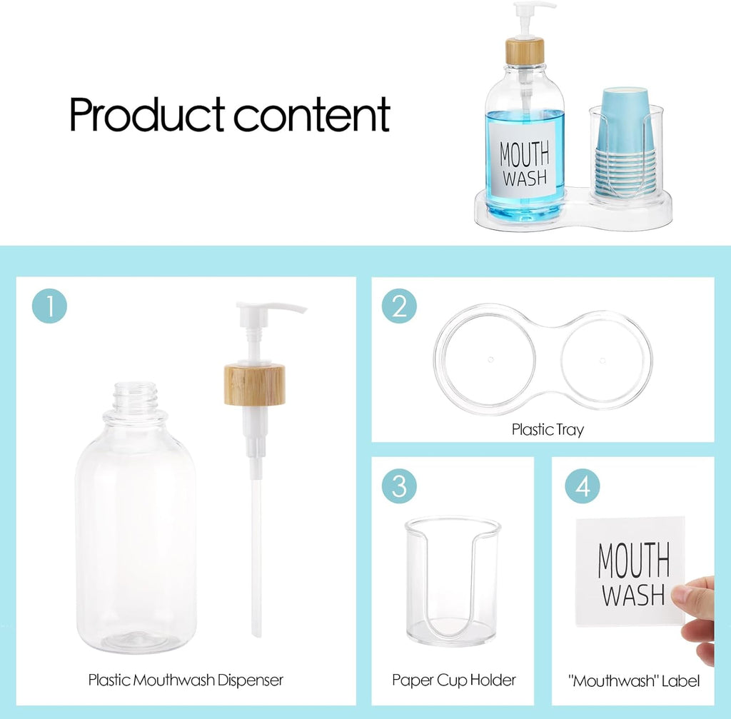 Regine Switzerland Mouthwash Dispenser - 16oz Clear Plastic with Cup Holder & Tray