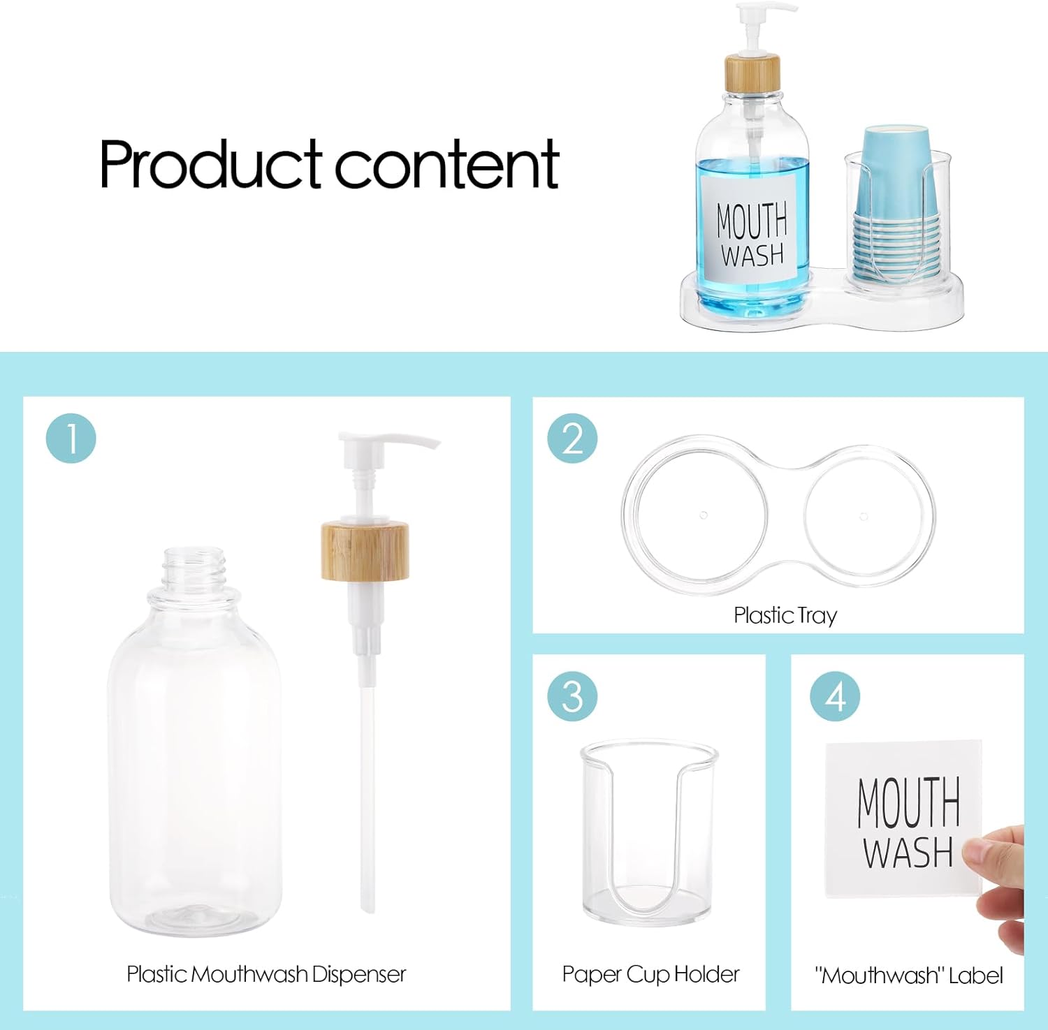 Regine Switzerland Mouthwash Dispenser - 16oz Clear Plastic with Cup Holder & Tray