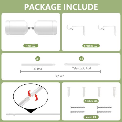 Adjustable 5/8” Diameter White Curtain Rods by [Brand Name] | 30-45 Inch for 30-39 Inch Windows