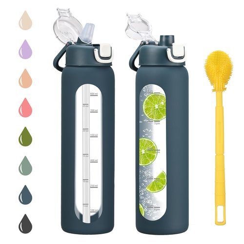 chunmo 32 oz Glass Water Bottle with 2 Lids-Handle Spout Lid & Straw Lid, 1 Liter Motivational Borosilicate Water Bottle with Time Marker and Silicone Sleeve,Leakproof-Dark Blue-1 Pack