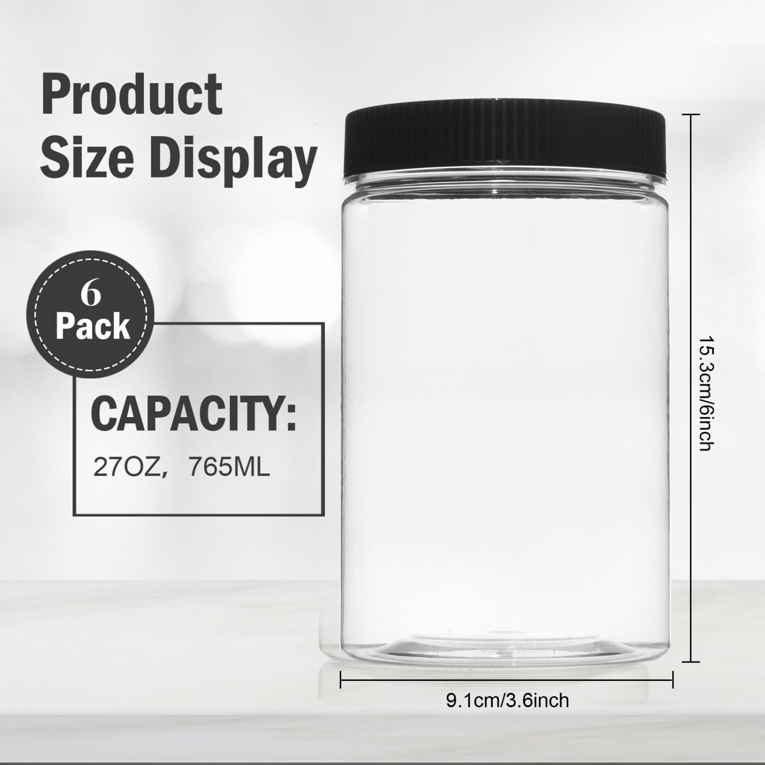 Vumdua 27 Ounce Plastic Jars with Lids, 6 Pack Food Storage Containers Airtight, Clear Containers for Organizing