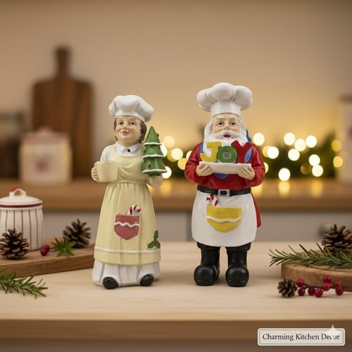 iStatue Chef Santa & Mrs. Claus Figurines Set | Hand-Painted 5'' Resin Holiday Decor for Kitchen & Gifting - Festive Collectibles