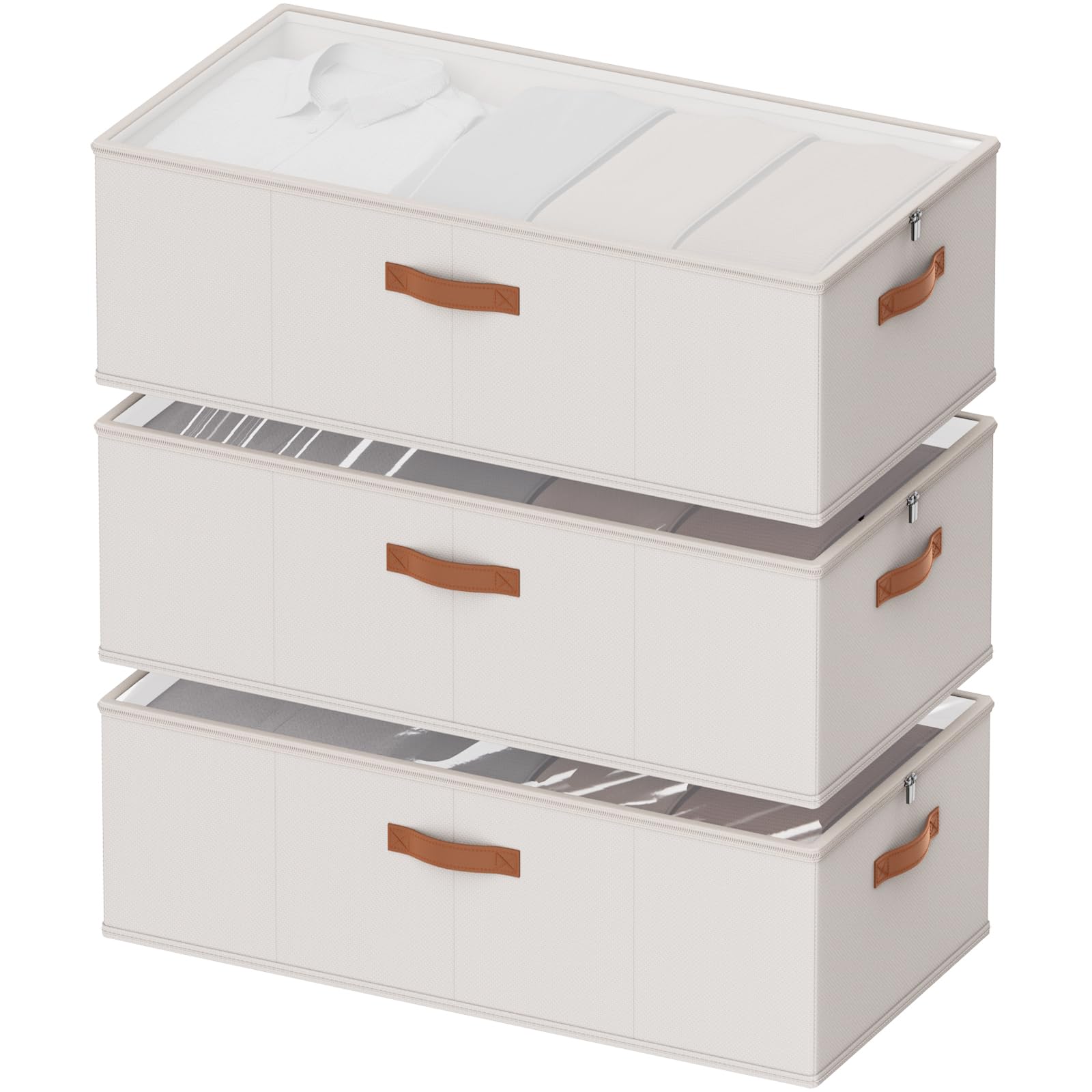 Chizjox 10inch 3 Pack Under Bed Storage Containers, 10 Inch Tall Underbed Clothes Storage Organizer Bin with Clear Window，Foldable Box Basket for Clothes, Closet, Bed Sheets and Blankets White