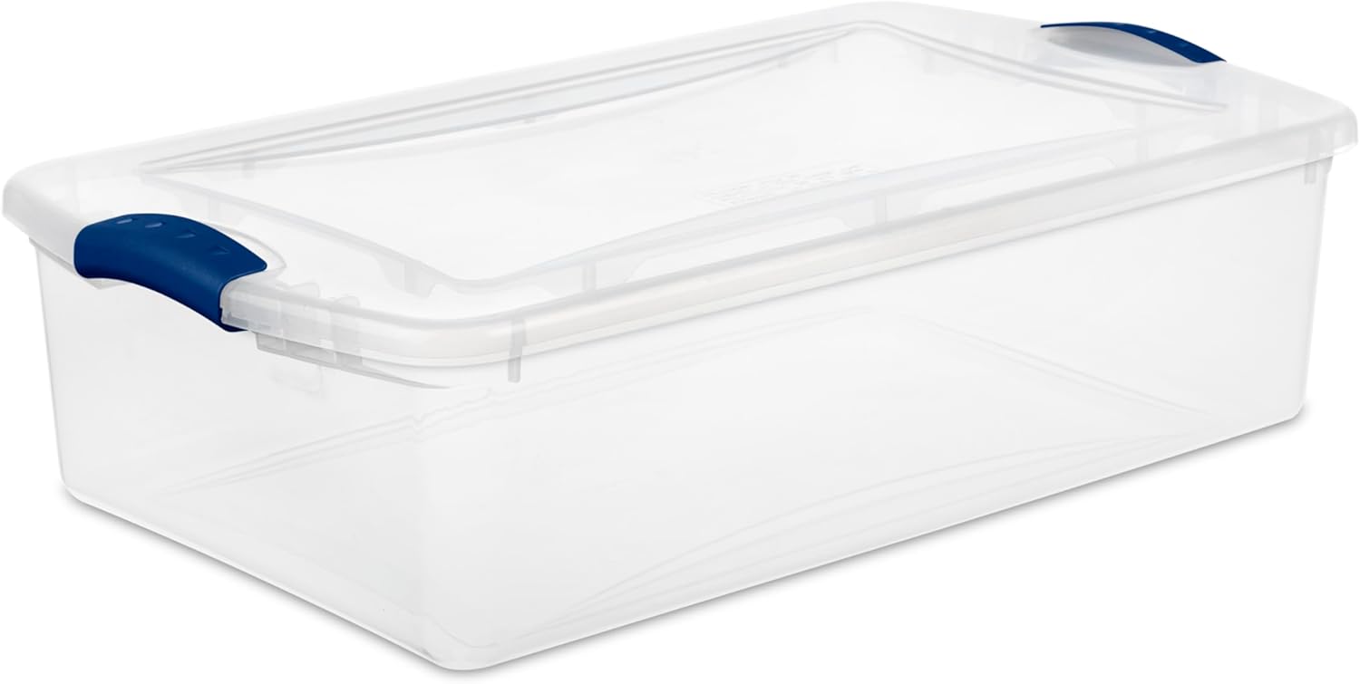 Sterilite 32 Quart Clear Plastic Storage Bins - Stackable Containers with Lids & Blue Latches for Home Organization