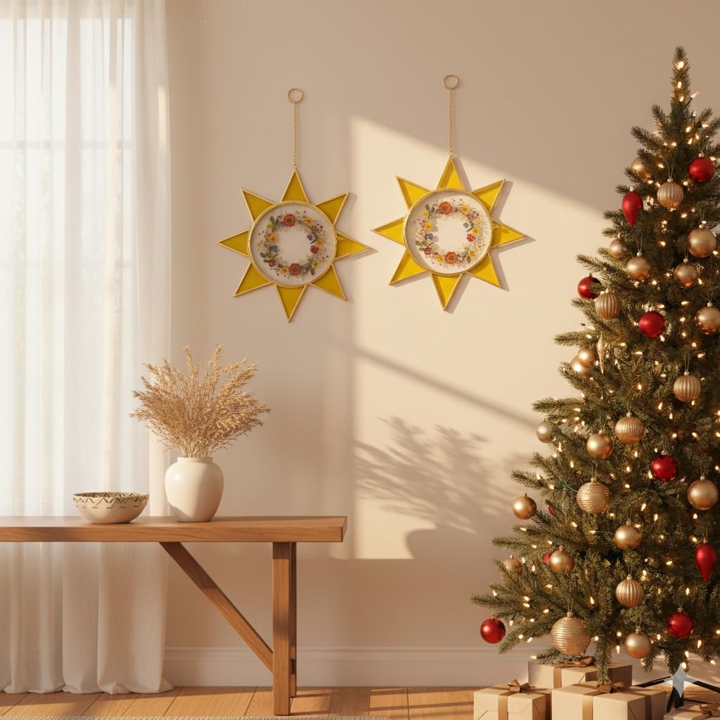Sunburst Pressed Flower Frames - Decorative Double Glass Wall Art | Horizontal Display for Dried Flowers, Gold Finish