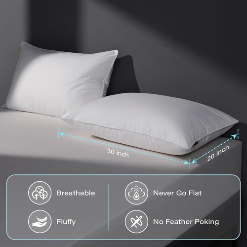 DOWNSTORIA Goose Feather Down Pillows - Queen Size Set of 2 | Soft Medium Firm for Side & Back Sleepers 20 x 30 in.