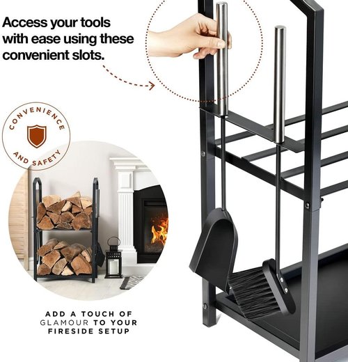 HOME IT Firewood Rack - 2-Tier Indoor/Outdoor Log Holder with Fireplace Tools Set | Waterproof Steel, Black - 17x12x29