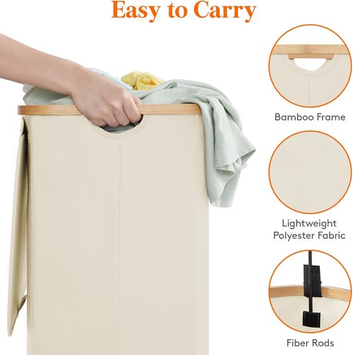 Lifewit 80L Laundry Basket - Foldable Hamper with Lid & Bamboo Handles | Removable Bag, White