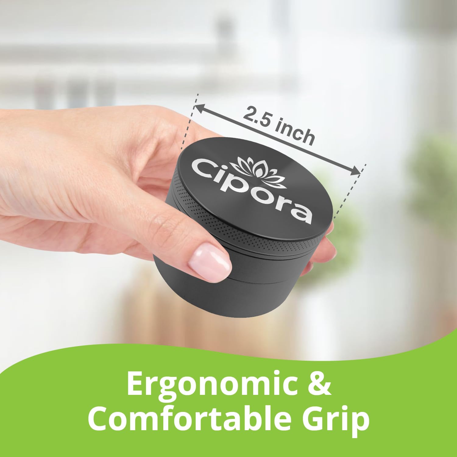 Cipora 2.5" Manual 3-Piece Zinc Grinder with Large Bottom Chamber (Black)