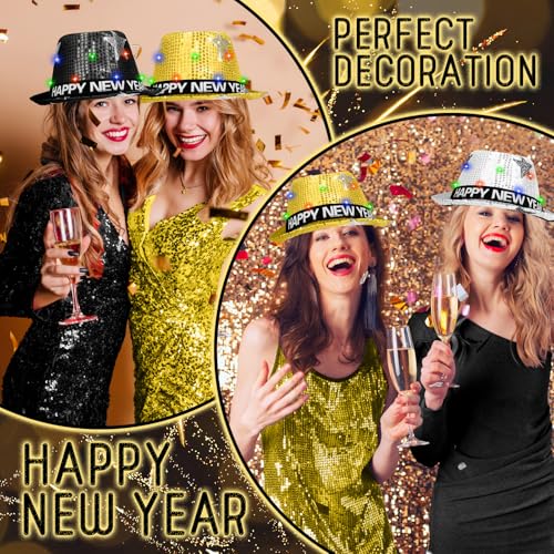 Black Gold Flashing Party Hats Set - Happy New Year, Christmas, Birthday, 3 Pack