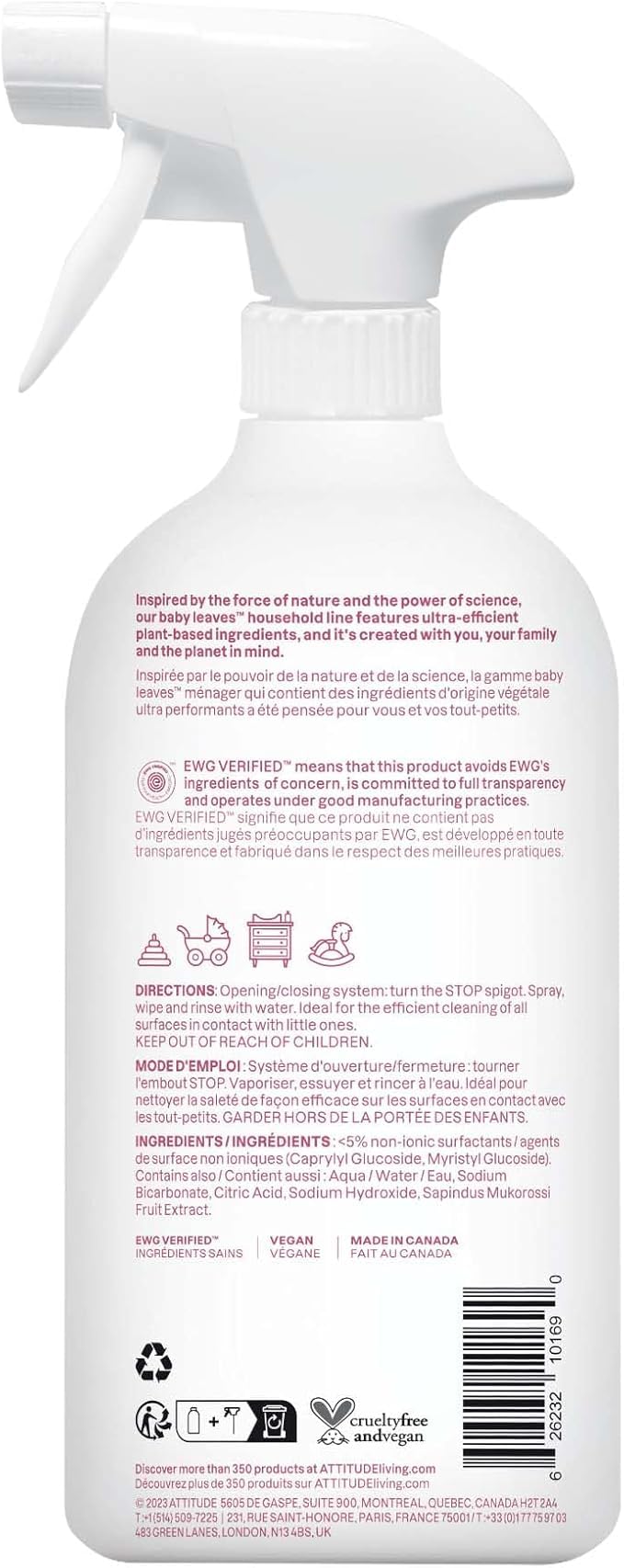 ATTITUDE Baby & Kids Toy Cleaner Spray, EWG Verified, Multi-Surface Cleaner for Toys, High Chairs & Play Areas, Naturally Derived, Vegan, Unscented, 27.1 Fl Oz