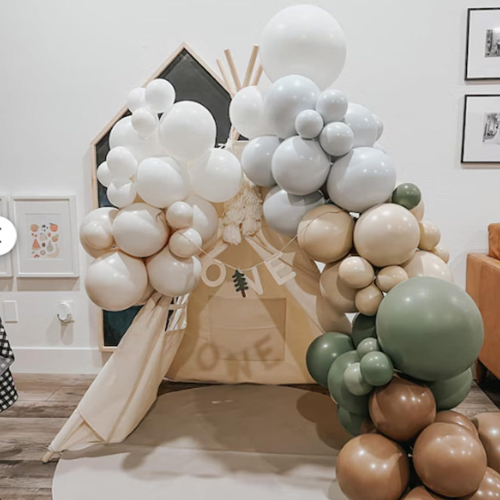 Sage Green Blue Brown Balloons, 60PCS Dinosaur Safari Dusty Blue Olive Green Coffee Beige Eucalyptus Latex Balloon Jungle Hunting Balloons for Woodland Dino Boho Baby Shower Birthday Party Decorations