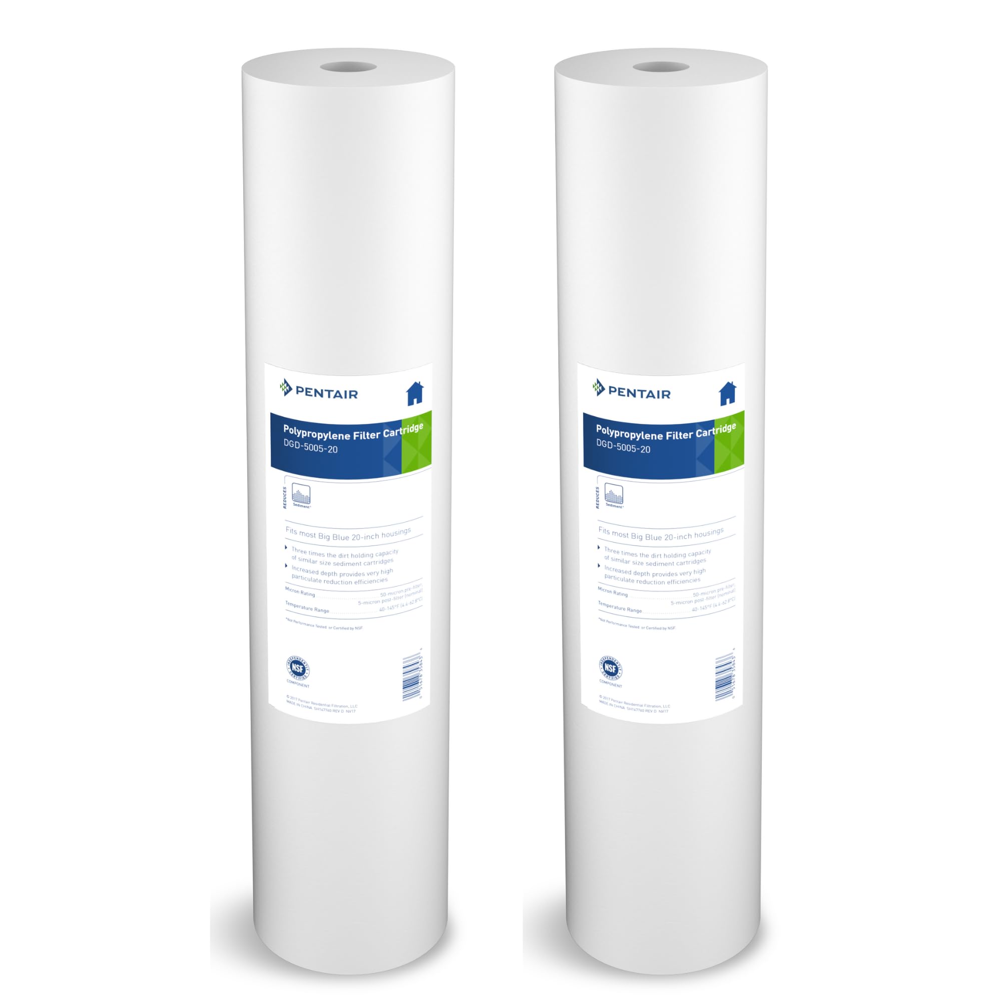 Pentair Pentek DGD-5005-20 Big Blue Water Filter, 20-Inch Whole House Sediment Filter Cartridge Replacement, Dual-Gradient Density Spun Polypropylene, 20" x 4.5", 5 Micron, (Pack of 2), White