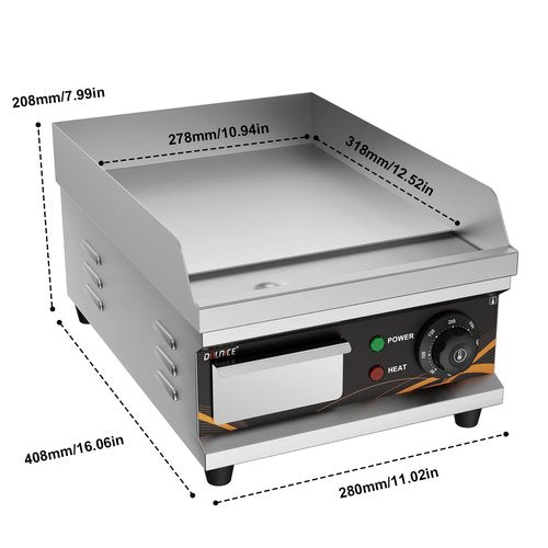 DULNICE Commercial Electric Griddle 12 Inch, Electric Flat Top Grill with Temperature Adjustable, Brushes, Shovels, Stainless Steel Non-Stick Teppanyaki Grill for Home & Restaurants, 1500W