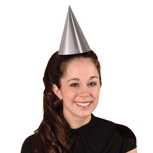 Beistle Pack of 48 Silver Foil Cone Hats, Novelty Metallic Party Headware Supplies for Birthday, New Year's Eve, Anniversary, 6.75"