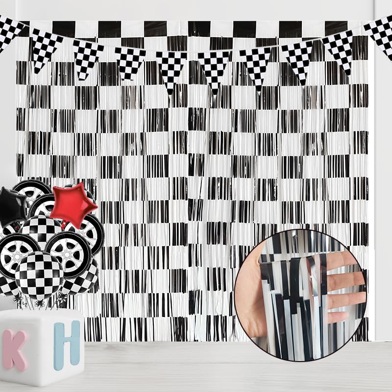 2PCS Racing Foil Fringe Curtains | 3.28x6.56 Ft Black & White Checkered Backdrop