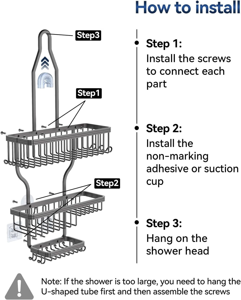YASONIC Shower Caddy - Durable Aluminum Organizer with 10 Hooks & Soap Basket - Grey