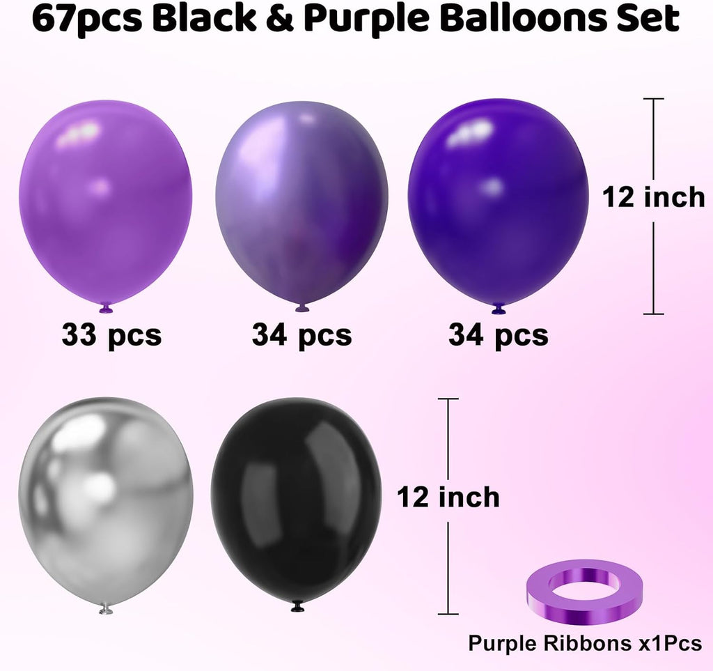 Skiennix 12-Inch Purple and Black Latex Balloons - 67pcs for Birthday, Graduation, and Party Decor