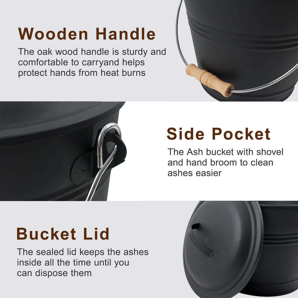 Poofzy Ash Bucket with Lid, Small Fireplace Ash Bucket with Lid and Shovel, 1.3 Gallon Metal Bucket for Fireplace with Hand Broom and Gloves, Fireplace Bucket for Ashes for Wood Stove and Fire Pit