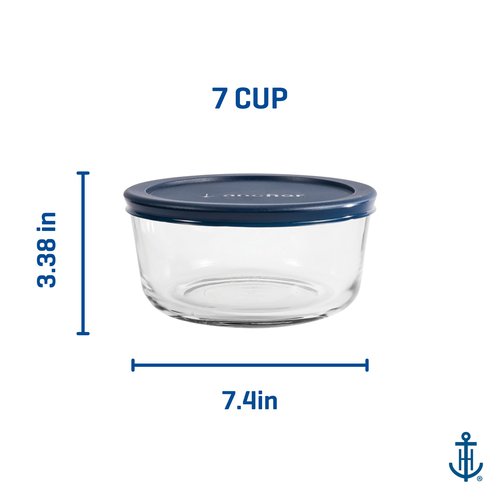 Anchor Hocking SnugFitTM Round Food Storage Containers with Lids (4-Piece, 7-cup, Navy Blue, oven-safe)