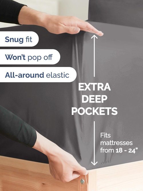 Extra Deep Queen Sheet Set - 4 Piece Breathable Cooling Bed Sheets - Fits 18-24 Inch Mattresses - Ultra Soft, Wrinkle-Free Dark Grey
