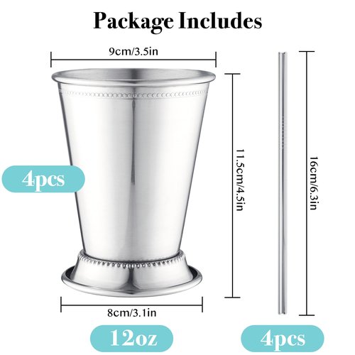 Fijinhom 12oz Mint Julep Cups with Straws Set of 4, Stainless Steel Beaded Mint Julep Cups, Mint Julep Glasses for Cocktails Mixed Drinks, Metal Cups for Beer Juice Beverage Party Bar Home Restaurant