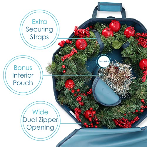 Blue 24-Inch Hard Shell Christmas Wreath Storage Container with Interior Pockets - Pack of 2
