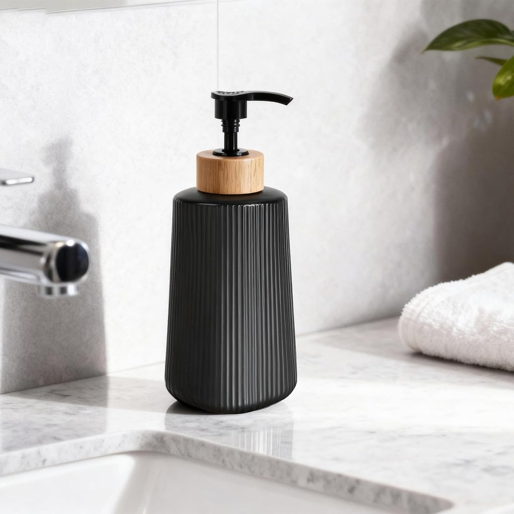 Skiennix Glass Soap Dispenser - Thickened 12oz Hand Soap Bottle for Bathroom & Kitchen | Modern Black Design