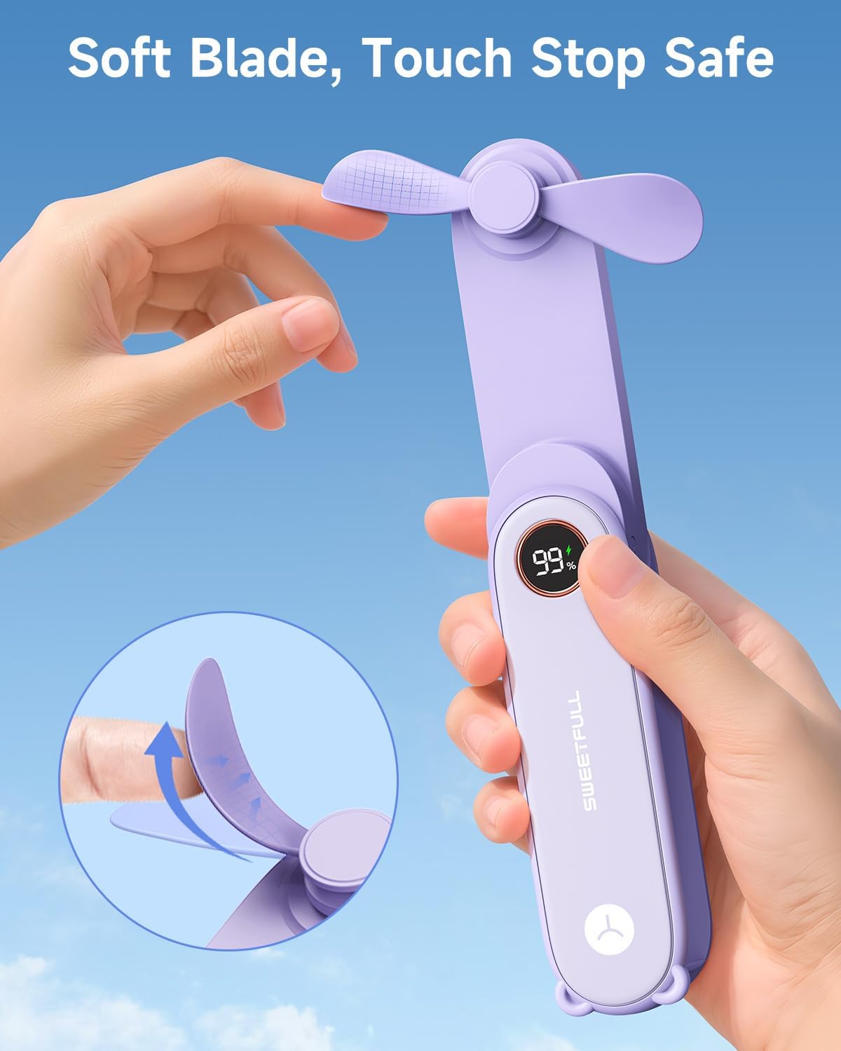 Sweetfull Portable Handheld Mini Fan - 3-in-1 USB Rechargeable with LED Display | Compact & Foldable for Travel