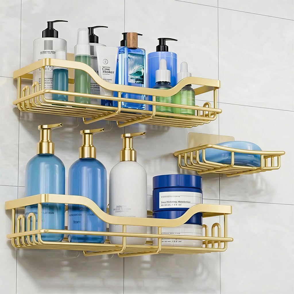 Omaira Shower Caddy - 3-Pack Rustproof No-Drill Organizer with Soap Holder | Gold Finish for Smooth Walls