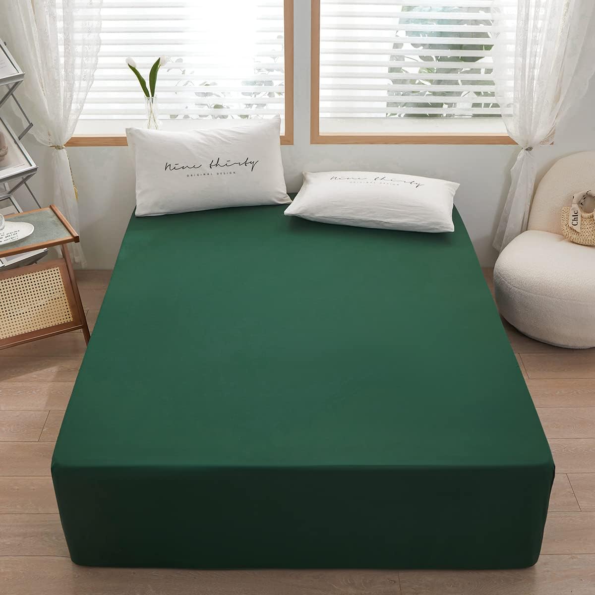 Skiennix Queen Size Fitted Sheet - Soft Microfiber, 15-Inch Deep Pocket, Dark Green, Fade Resistant