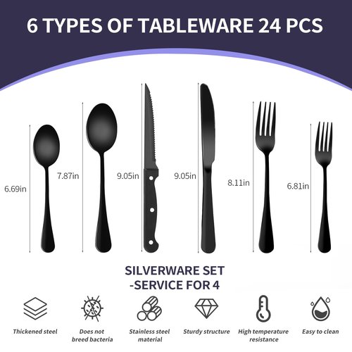 24-Piece Black Silverware Set with Steak Knives Black Stainless Steel Flatware Set for 4 Food Grade Tableware Cutlery Set Rust-proof, Mirror Polished, Dishwasher Safe