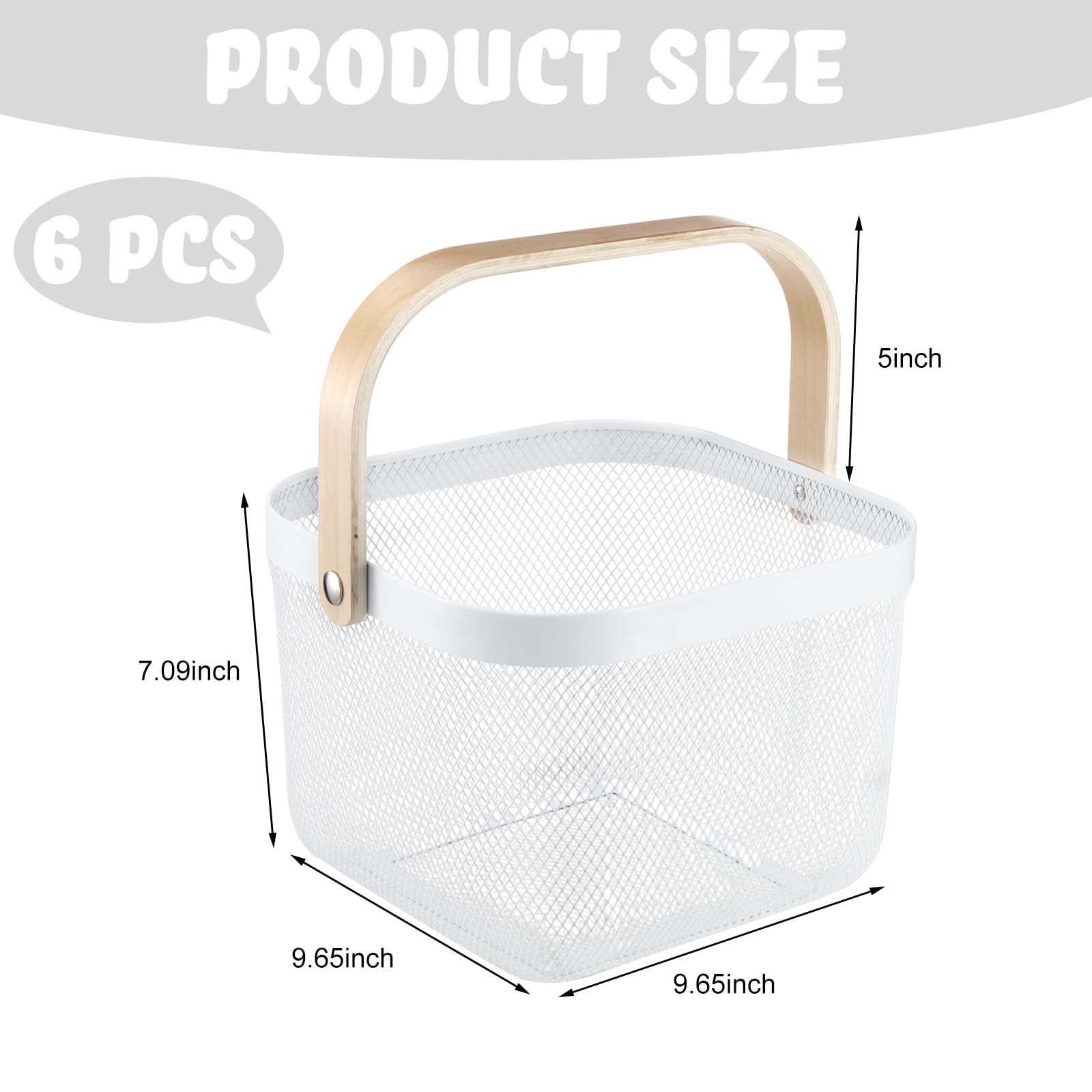 Roshtia White Metal Wire Storage Basket with Wooden Handle 9.65 x 9.65 x 7.09 Inch, Decorative Gift Basket for Wedding, Nurse Appreciation Week, Bathroom Kitchen Organizer, Farmhouse Storage Bin