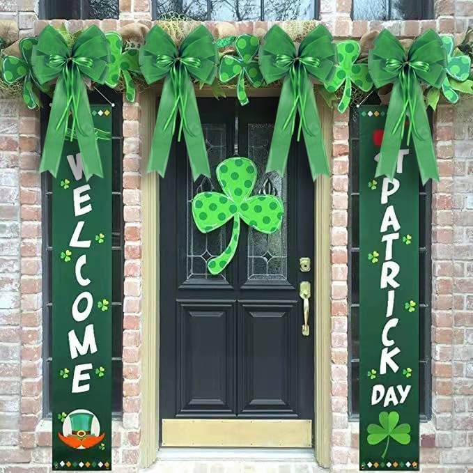 Skiennix St. Patrick's Day Wreath Bow Decor - 2 PCS Green Burlap & Glitter Tree Topper Bows