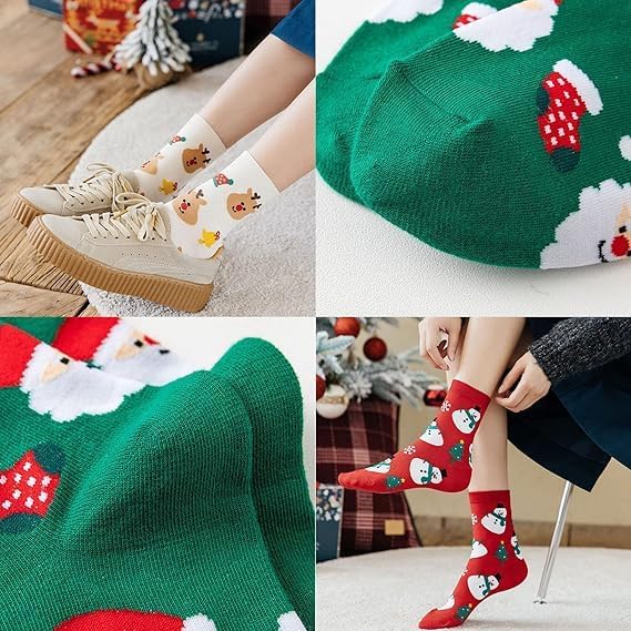 Skiennix Funny Socks - Cozy Cute Printed Santa Design - 4 Pairs for Women & Men