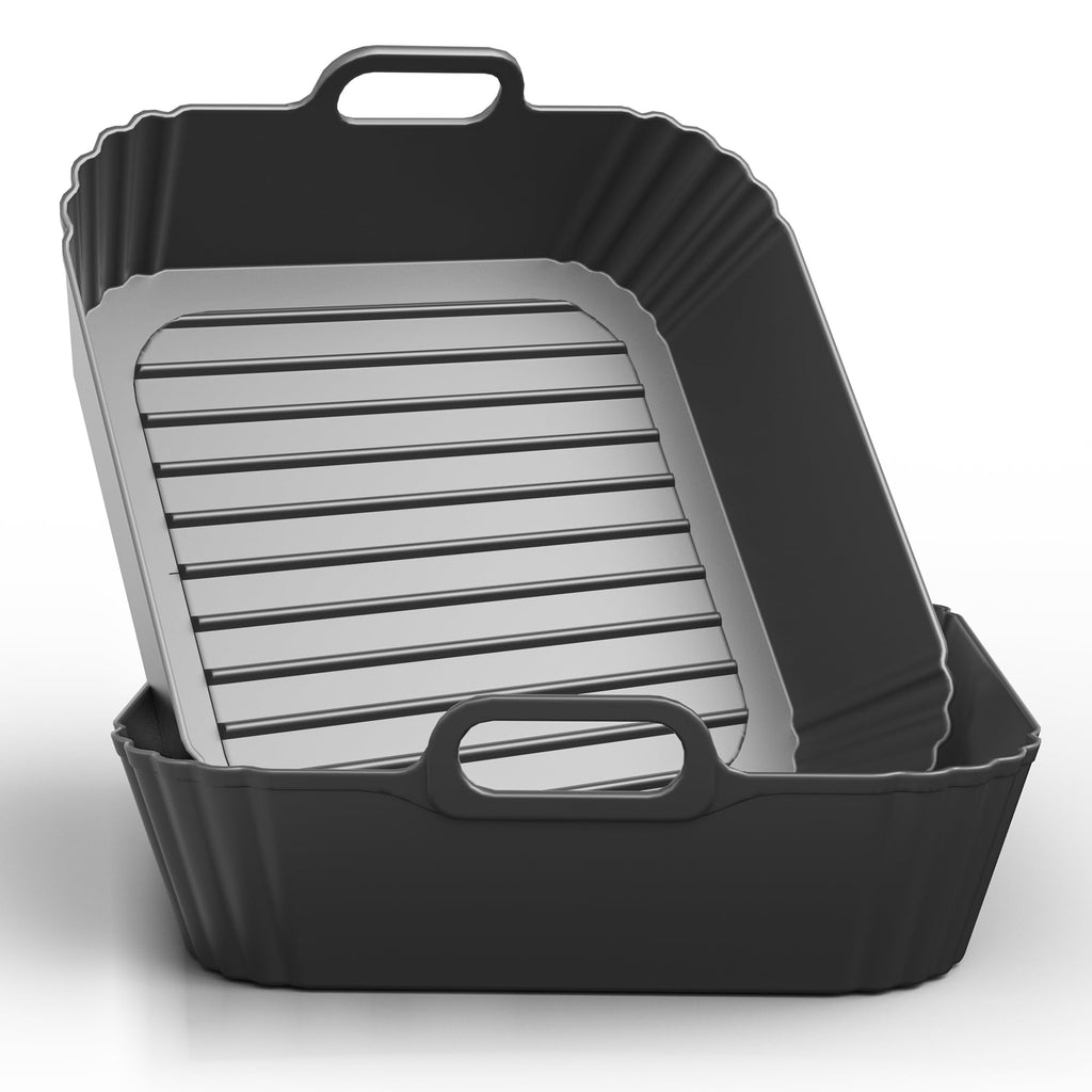 PINTAUR 9-Inch Large Square Silicone Air Fryer Liners for Ninja AF141 AF181 AF142 Cosori 6QT, 2 Pack Silicone Pot Baking Accessories for Chefman, Instant, Cuisinart, Reusable Tray Insert 5–8QT