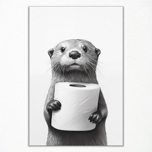 Funny Bathroom Wall Art - Cute Otter Holding Toilet Paper | Black and White Canvas Print 16x24in