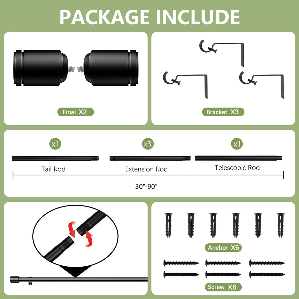 5/8” Diameter Curtain Rods 30-90 Inch, for 30-84 Inch Windows, Adjustable Splicing Black Curtain Rods for Windows with Brackets, Window Rod Long Small Curtains Rod
