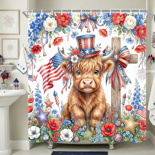 Torich 4th of July Highland Cow Patriotic Shower Curtain 72x72 Inch, Waterproof American Flag Farmhouse Bathroom Decor, Hooks Included