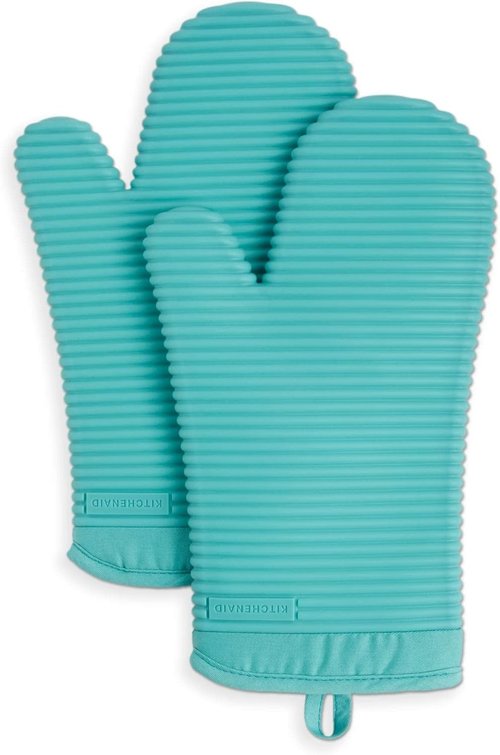 KitchenAid Ribbed Soft Silicone Oven Mitts - 2-Pack Set, 7.5"x13", Aqua Sky for Ultimate Heat Protection