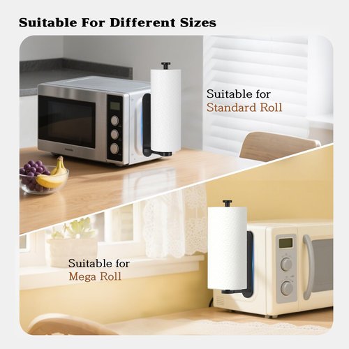 Magnetic Paper Towel Holder for Fridge - No Drill, One Hand Tear with Ratchet Mechanism, Black, Self-Adhesive & Wall Mount for Kitchen, RV, Garage