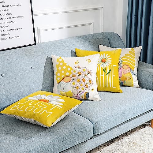 Yellow Outdoor Throw Pillow Covers 18x18 (Set of 4) - Daisy Floral Gnomes