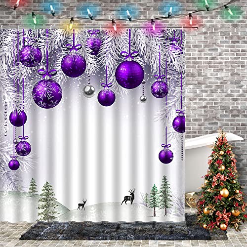 Purple Christmas Shower Curtain with Xmas Ball Pine Tree Winter Forest Decor 70x70 Inches
