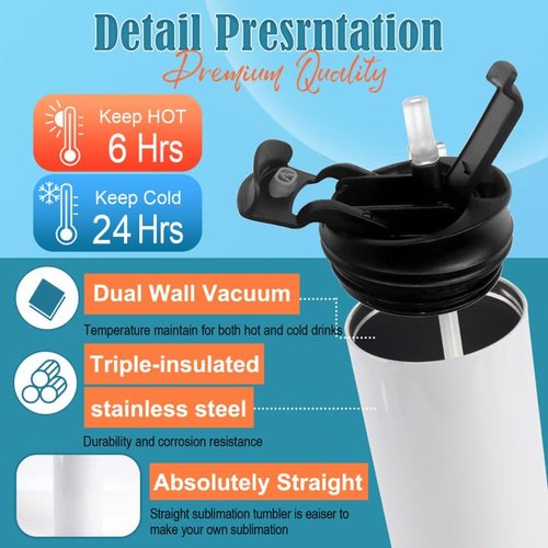 Joyclub 8 Pack Sublimation Water Bottle Blanks Dual Opening 20 oz Sublimation Tumblers with Leakproof Lid and Straw Insulated Stainless Steel Sports Cups
