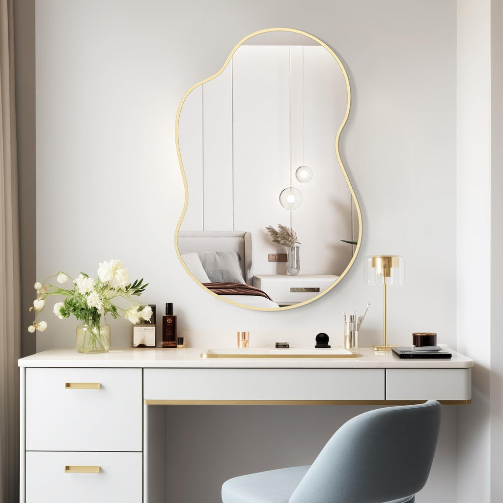 WallBeyond Gold Asymmetrical Mirror, Modern Irregular Wall Mirror with Aluminum Frame for Bedroom, Bathroom, Living Room, and Entryway 36" H x 24" W (Gold)